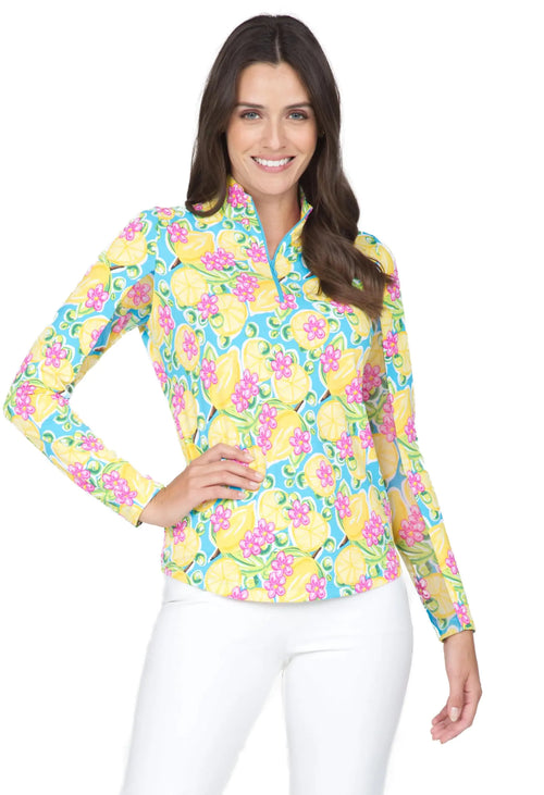 IBKUL Athleisure Wear Sun Protective UPF 50+ Icefil Cooling Tech Calista Print Long Sleeve Mock Neck Top – 10652 Turq Multi Calista L